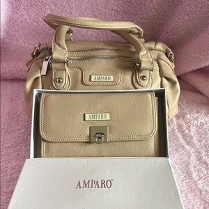 Tan Satchel Bag with Structured Design and Gold Hardware